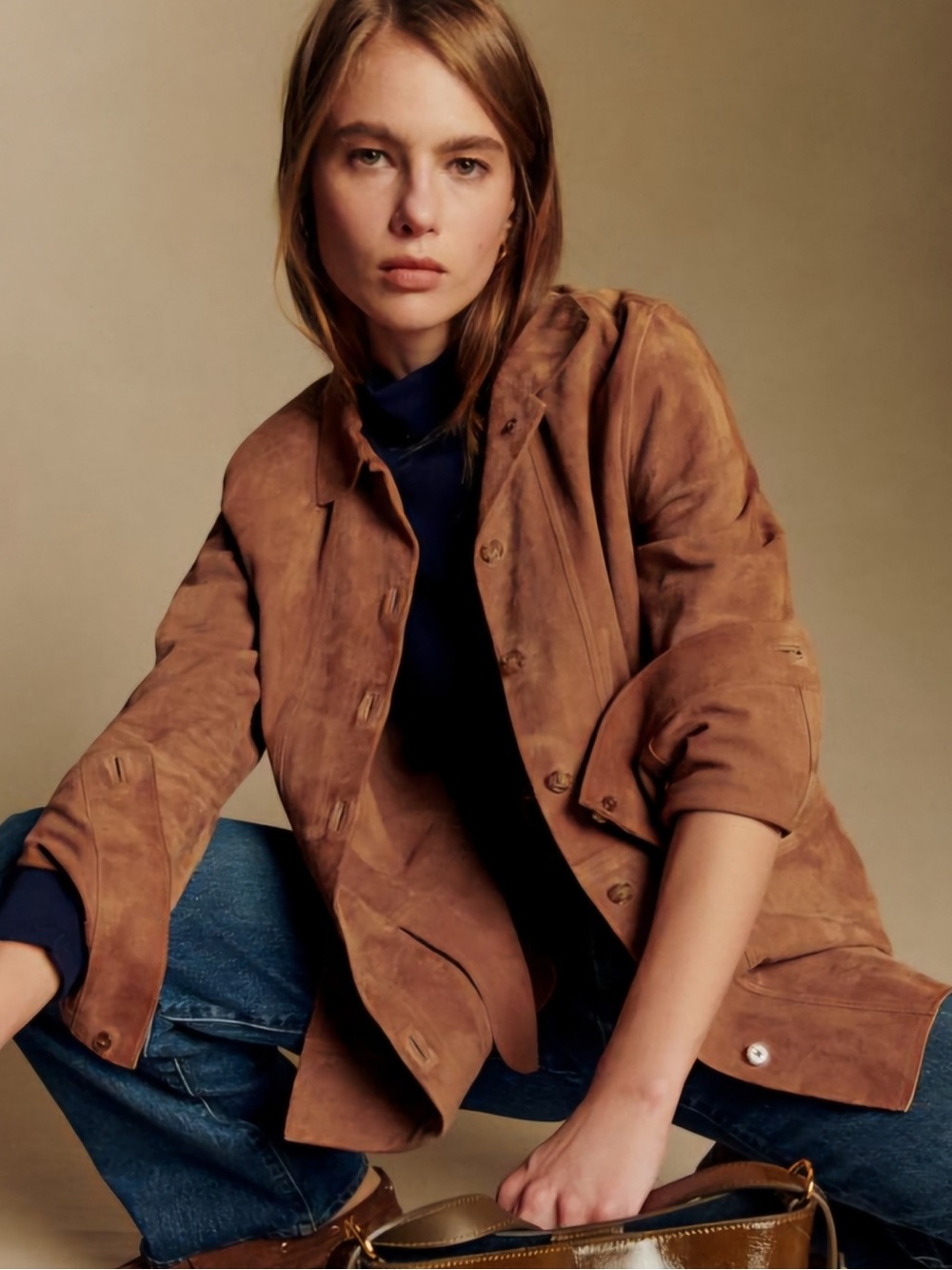 Sezane Suede Button-Front Jacket - Brown